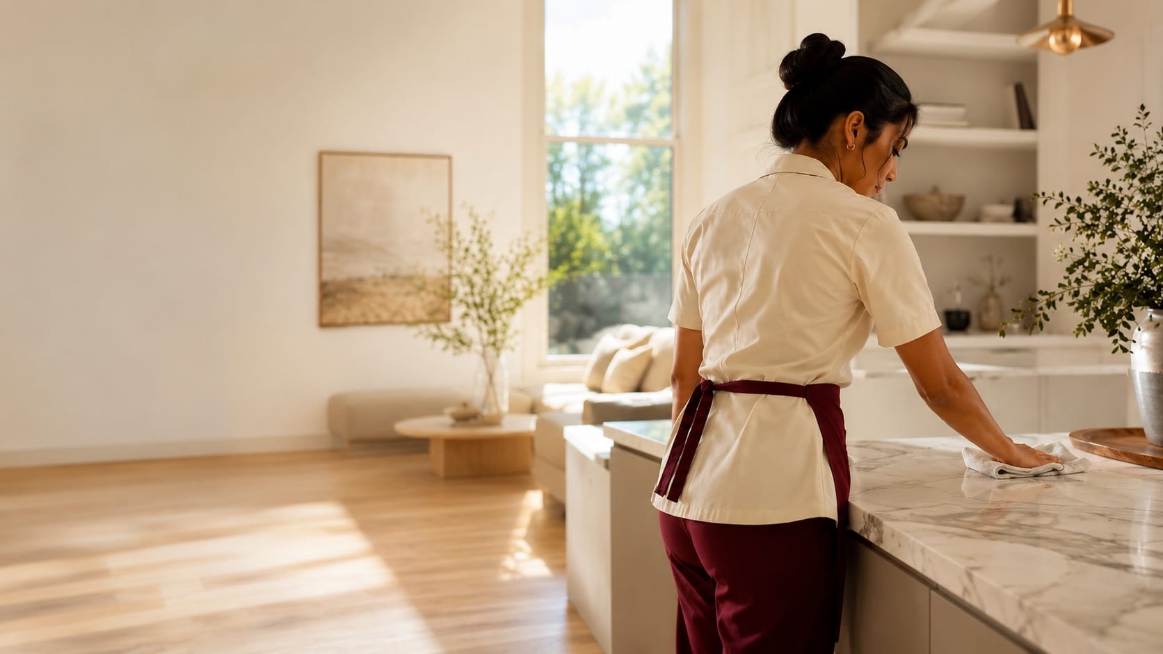 An Apex cleaner carefully wiping a kitchen island in a bright Fort Wayne home